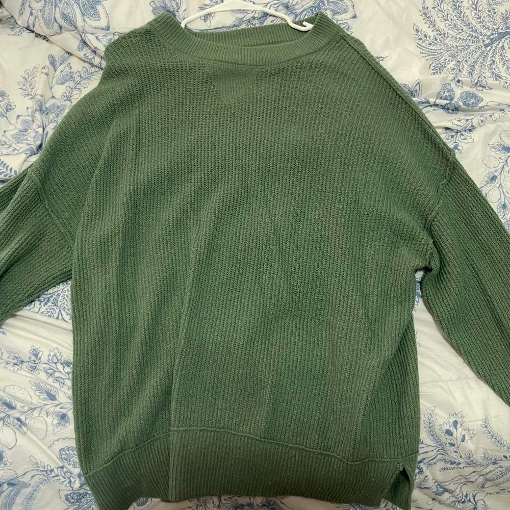 aerie really oversized Olive Green Crew Neck Sweater with Ribbed Collar